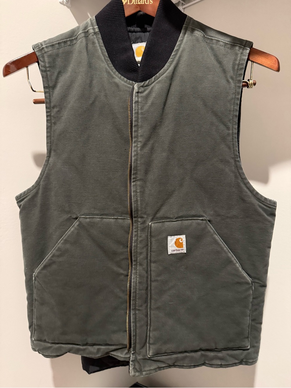 Carhartt Men's Olive Green Quilted Work Vest with Black Rib Collar